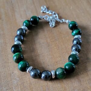 Bracelet Œil de Tigre Vert & Hématite - Fait Main | Perles Naturelles